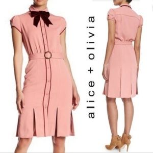 Alice + Olivia Pink Carie Bow-neck Belted Shirtdress